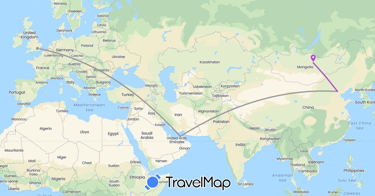 TravelMap itinerary: driving, plane, train in United Arab Emirates, China, United Kingdom, Mongolia (Asia, Europe)